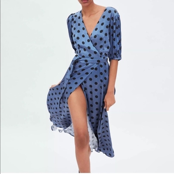 Zara Blue Polka Dot Wrap Maxi Dress | Size Medium - Picture 6 of 16